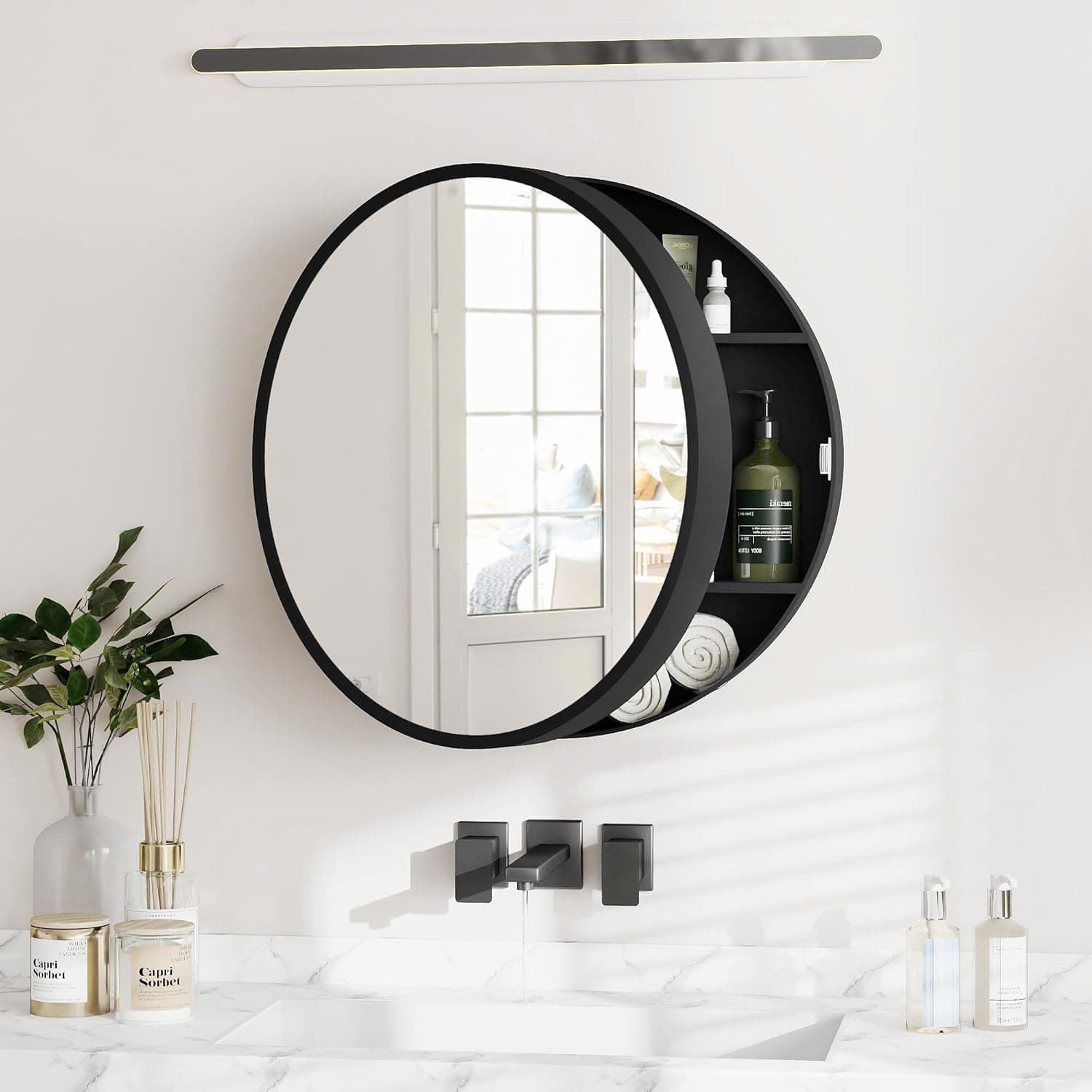 iSTAR Round Wall Mirror with Storage Shelf | Bathroom Vanity Mirror with Hidden Storage Cabinet | Wall Mounted Decorative Mirror for Bathroom, Bedroom, Living Room (Black)