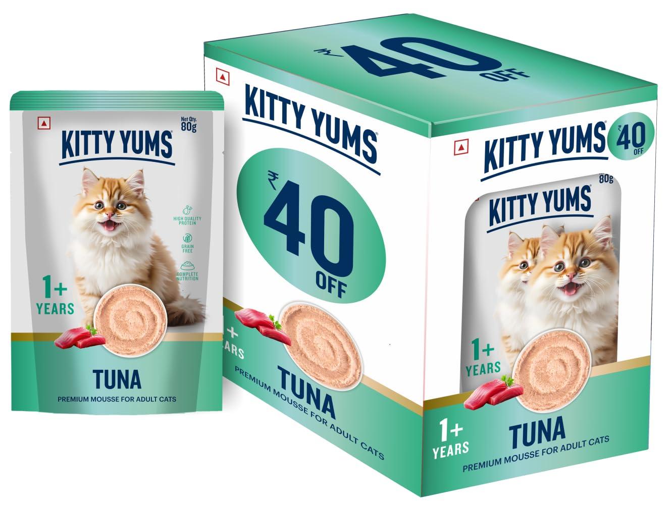 Kitty Yums Adult Cat Wet Mousse 80g(4+1) Pack of 5, 400g | Tuna | Rich in Protein | Promotes Hydration & Easy to Digest | No Artificial Flavours | Packed with Essential Vitamins & Antioxidants