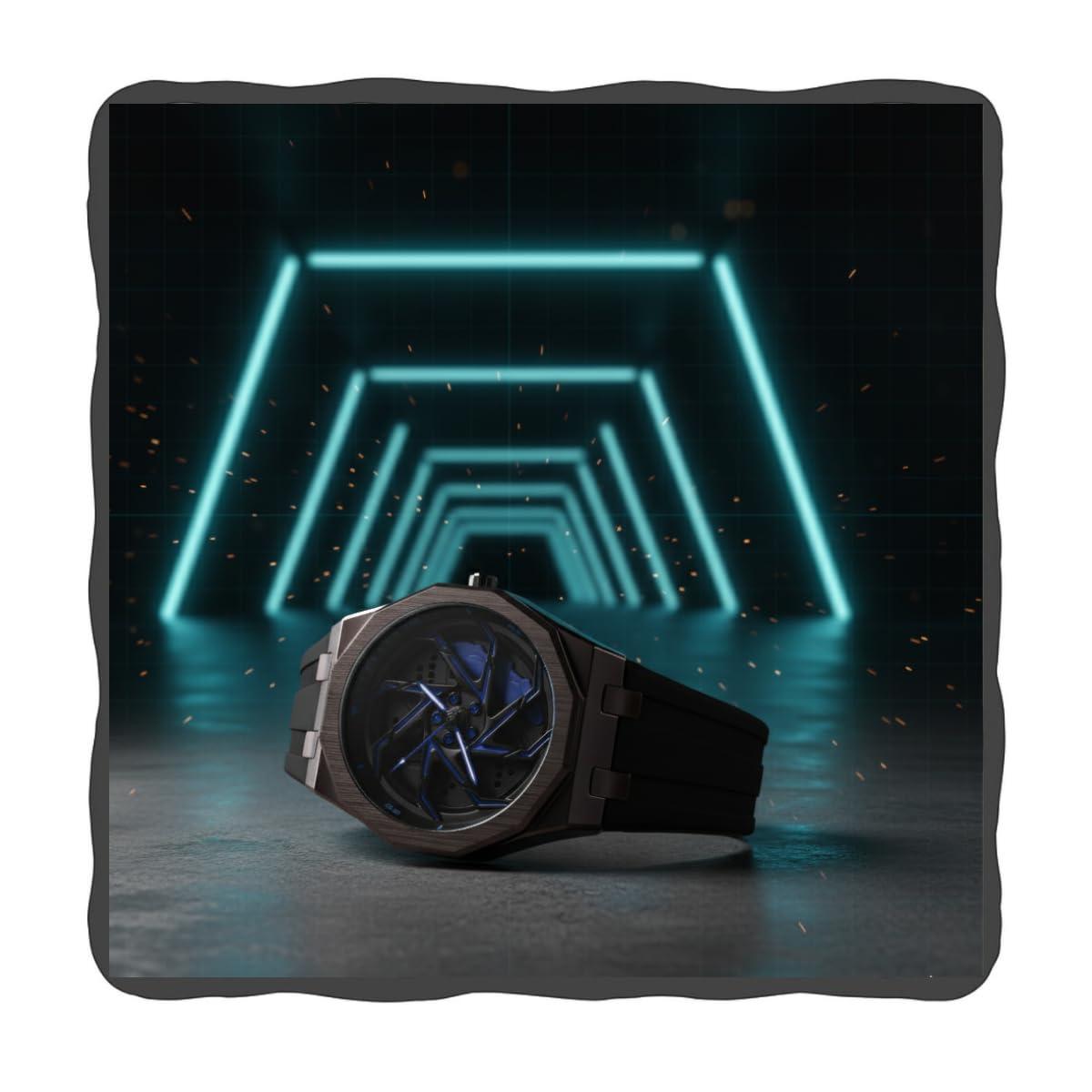 ON TIME OCTUS Spinning Car Wheels Gyro Men's Sport Watch| Rotating Wheel Dial Silicone Strap Analog Luxury Watches for Boy's and Men -MN-259 (Black-Blue)
