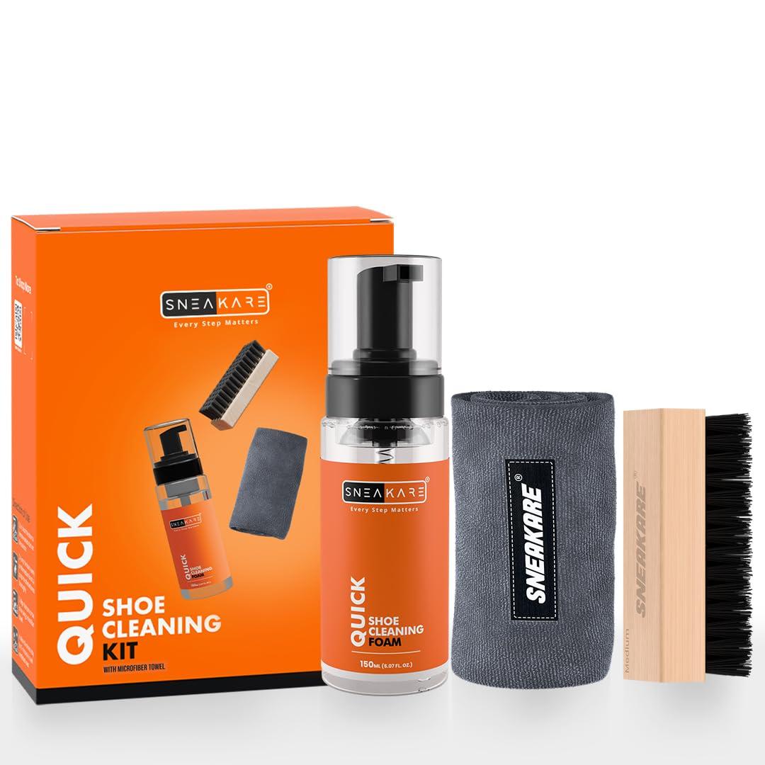 SNEAKARE Quick Shoe Cleaning Kit | Contains 150ml Foam Shoe Cleaner, 1 Medium Shoes Brush & 1 Microfiber Cleaning Cloth (Microfiber Towel) | Suitable for Sneakers, Nubuck, Leather, Suede & Sport Shoes