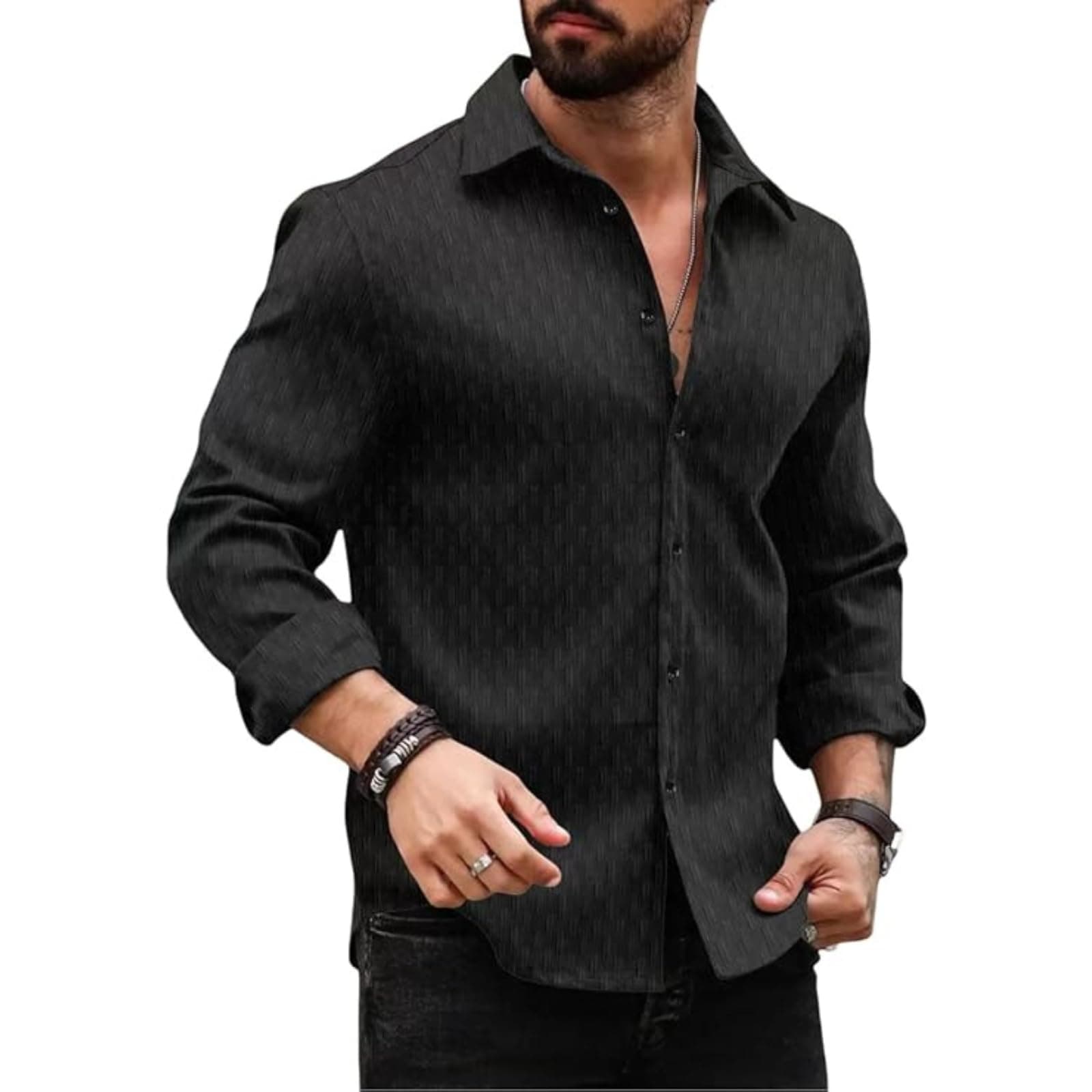 DEELMO Men's Regular Fit Button Down Dress Shirts Textured Long Sleeve Casual Hawaiian Shirt Black