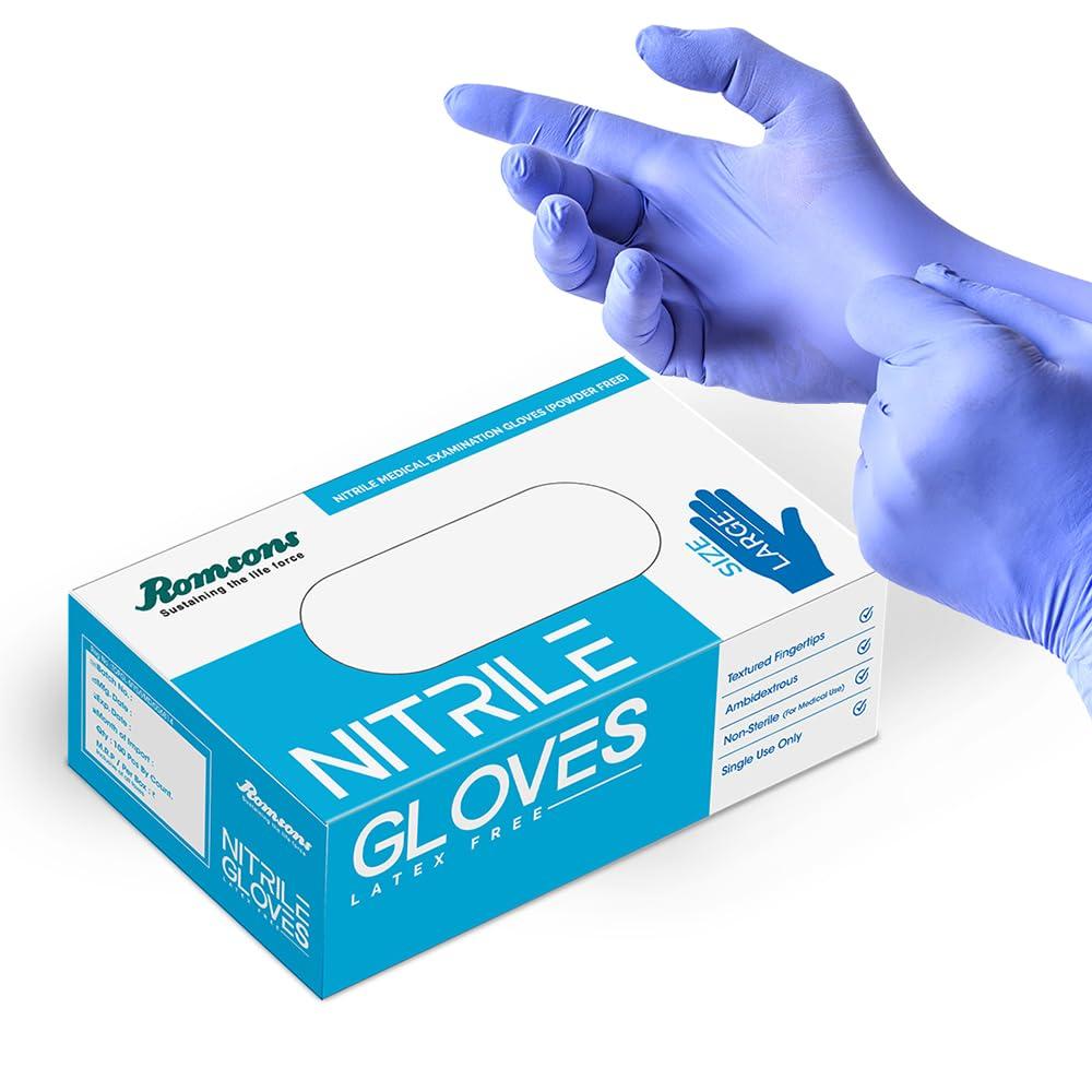 Romsons Blue Nitrile Medical Examination Hand Gloves - Medium (100 Pieces)