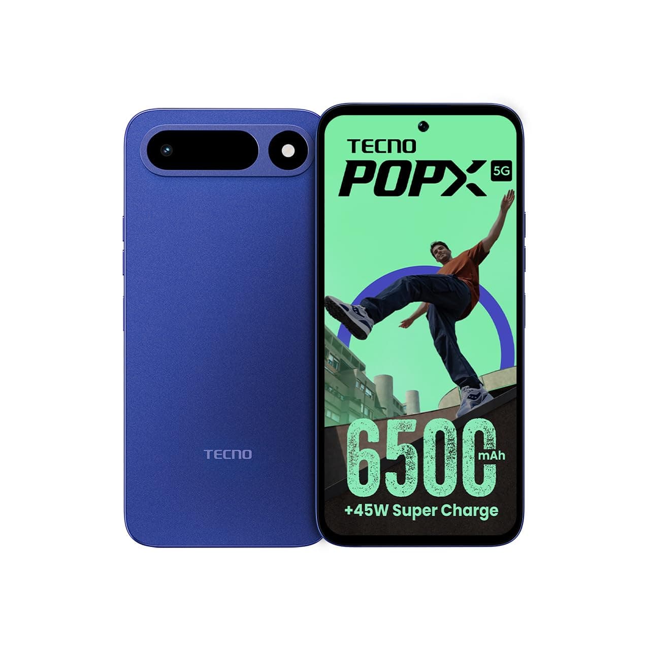 Tecno POP X 5G (Midnight Blue, 6GB+128GB) | 6500mAh+45W Fast Charger | IP64 Pro | MIL-STD 810H Protection | Upto 18GB* RAM | Fastest 8X Network Speed* with URSP | 120Hz Smooth Display | 50MP Camera