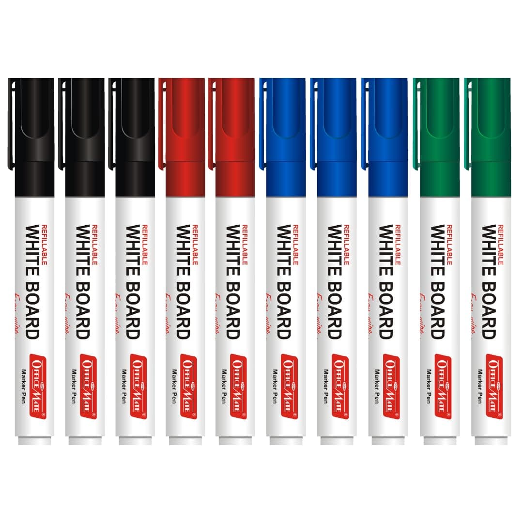 Soni Officemate Whiteboard Markers | Pack of 10 (Mix)| Black, Blue, Red & Green | 4.43 mm Bullet Tip | Non-Toxic | Smooth Writing | Easy Wipe