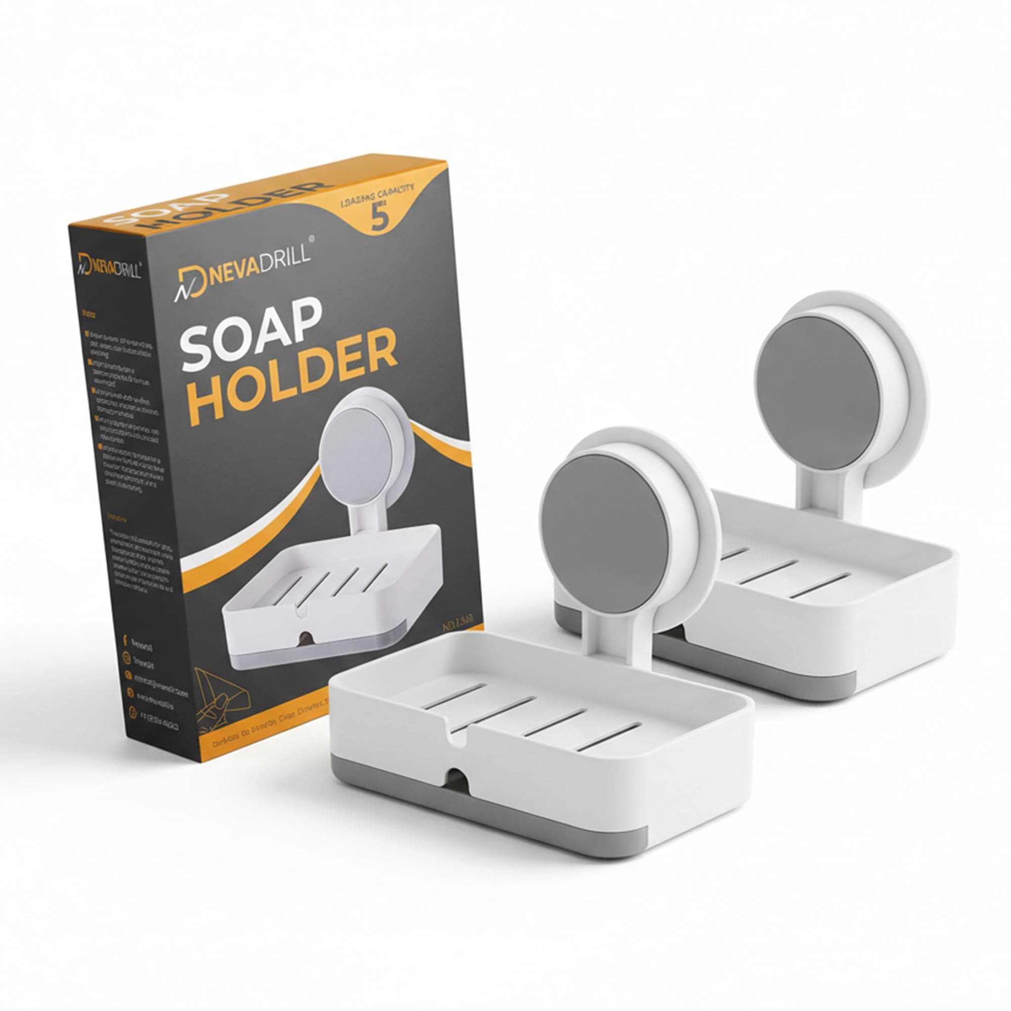 NEVADRILL Soap Holder for Bathroom, Non-Drill Wall Mount Magic Sticker Self Adhesive Soap Stand for Bathroom with Removable Drain Tray[Pack of 2 Units] [ND-1348]