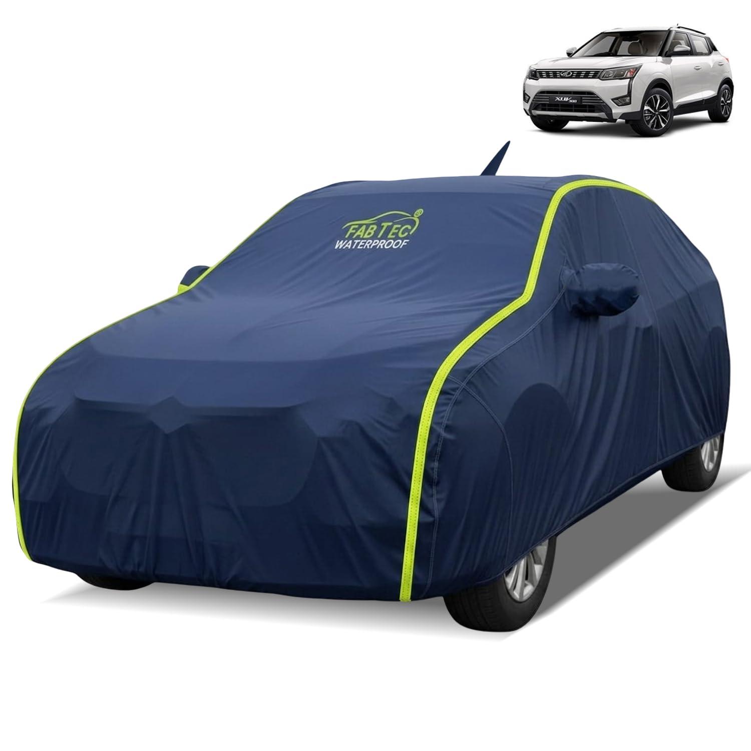 FABTEC Waterproof Car Body Cover for Mahindra XUV 300 Outdoor/Indoor All Weather Protection with Mirror & Antenna Pocket Triple Stitched (Premium Navy Blue with Neon Piping)