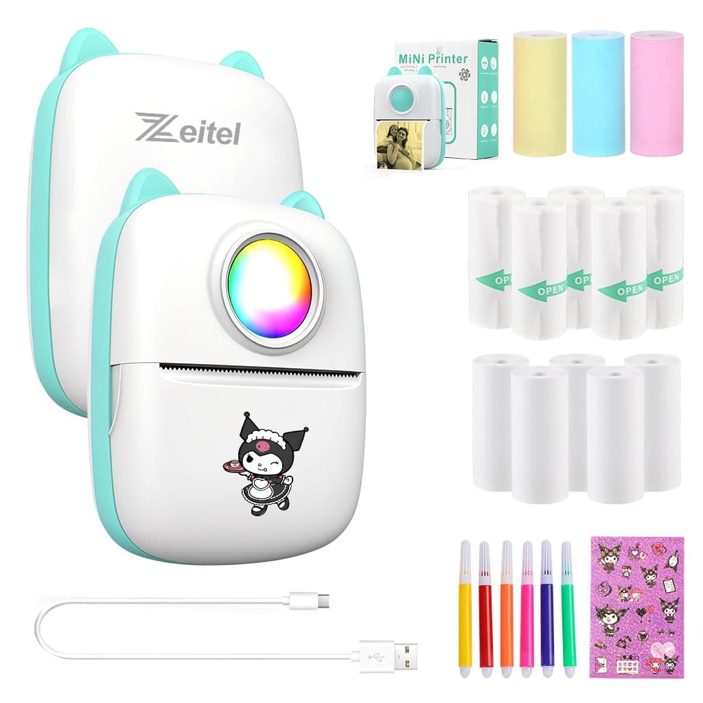ZEITEL Mini Bluetooth Thermal Printer, 13-Roll Paper, 5 Pens, 1 Sticker
