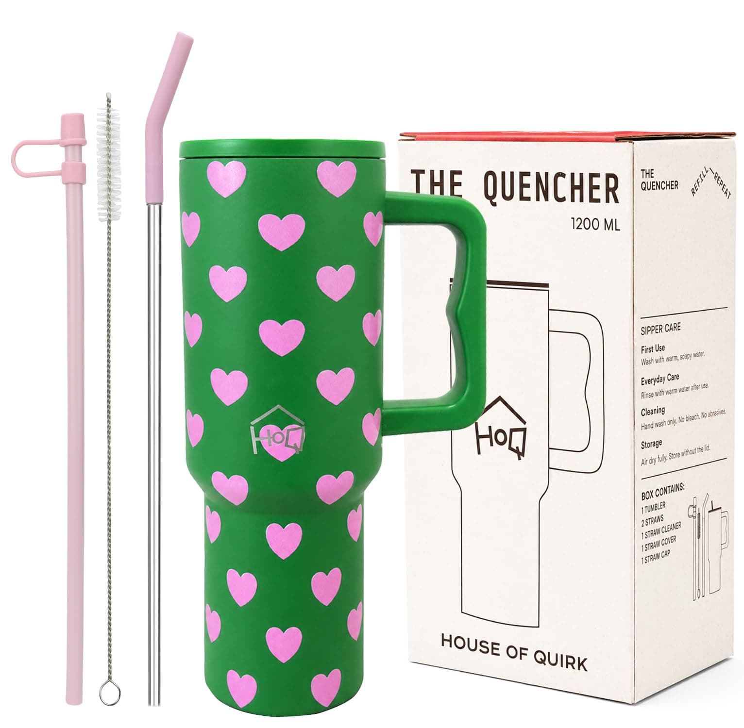 House of Quirk 1200ML Stainless Steel Tumbler with Handle & Lid, 2 Straws – Large Travel Mug Water Cup for Gym, Office & Outdoor Use (Matcha Kiss)