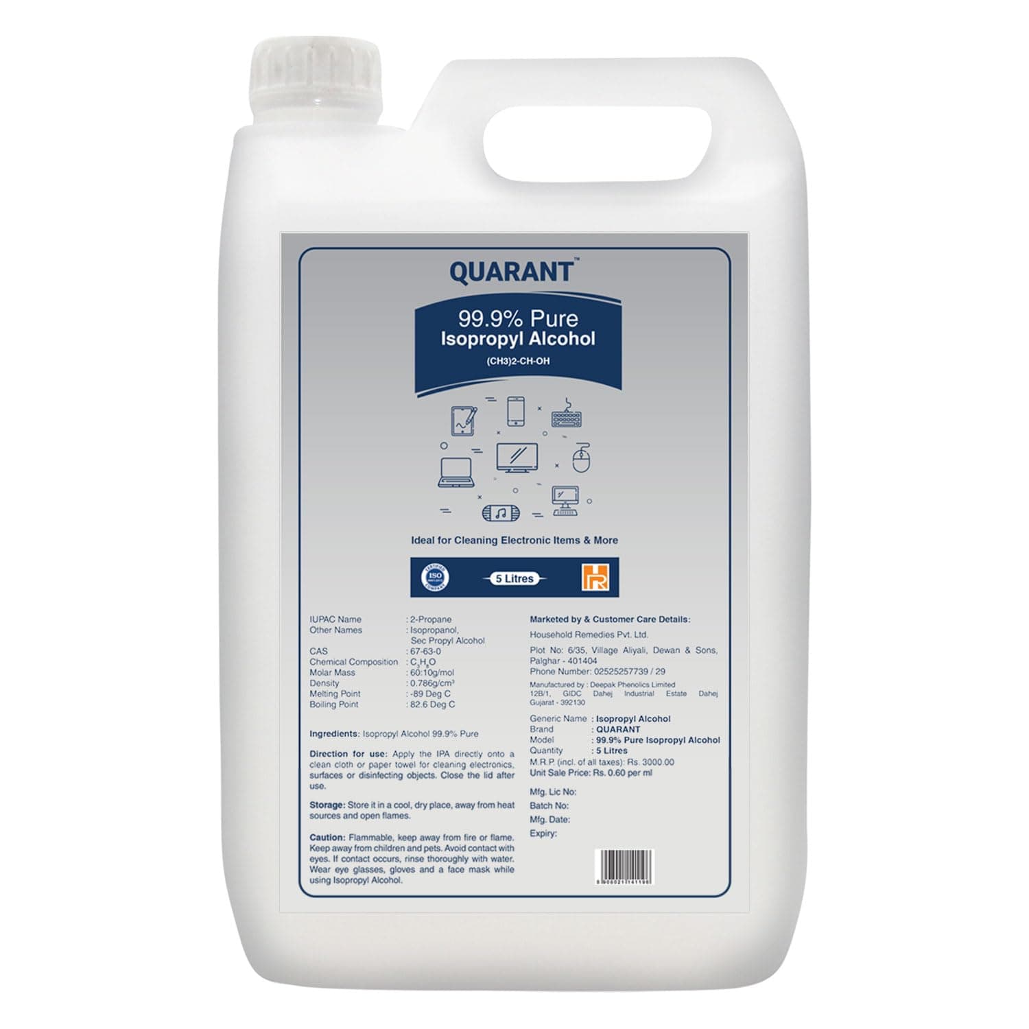 QUARANT 99.9% Pure Isopropyl Alcohol (IPA) for Rubbing & Cleaning, 5 Litres