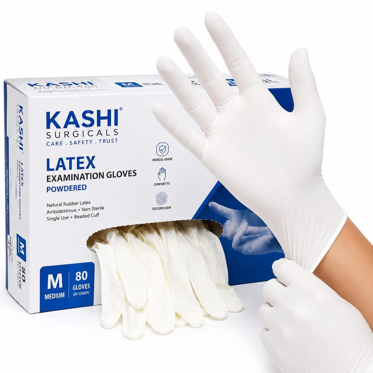 Kashi Surgicals Latex Examination Gloves, Powdered | Disposable Natural Rubber for Food Handling, Cleaning, Salon, Laboratory & General Purpose Use | Medium | Box of 80