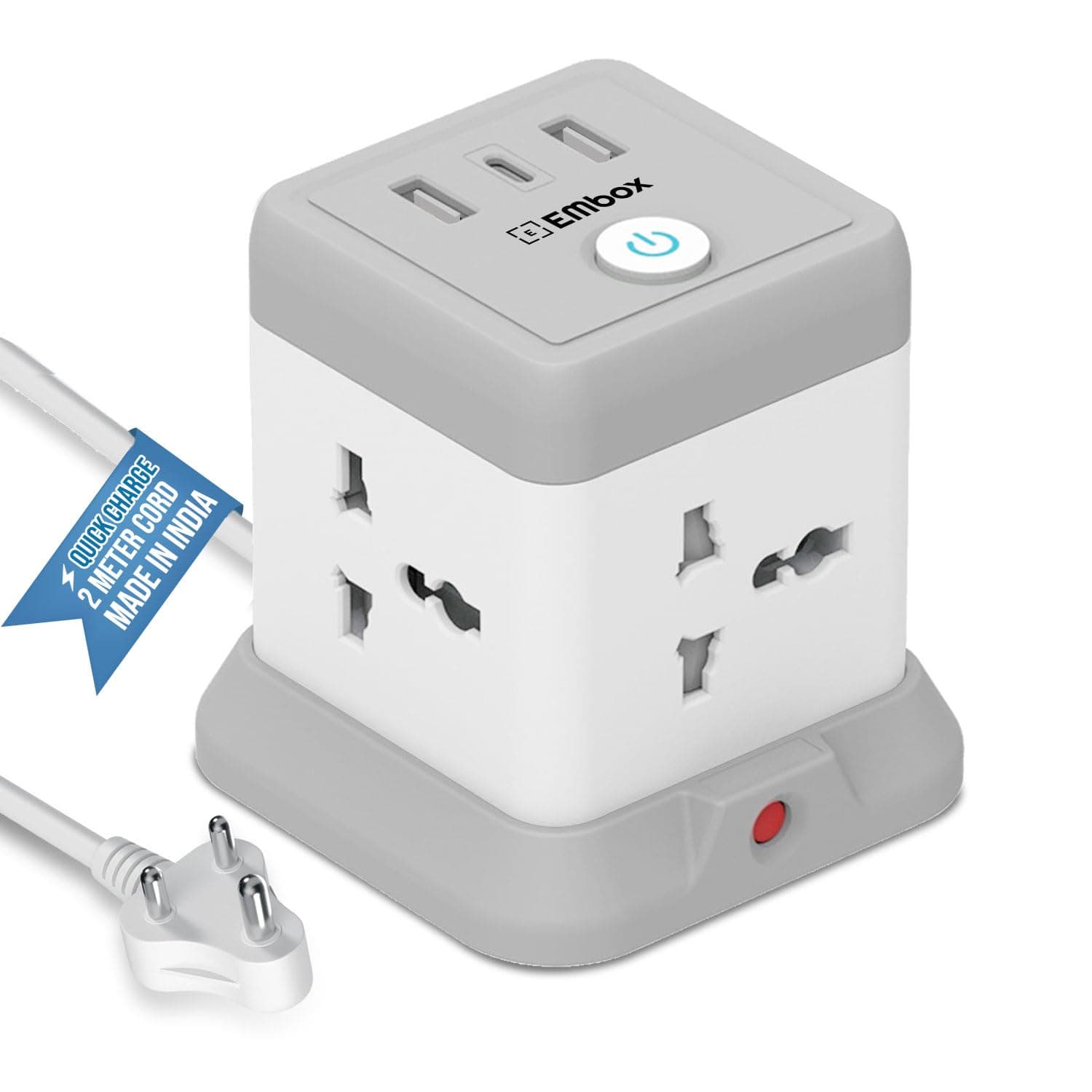 EMBOX Cube Extension Board with USB Type C (2.4 A) (QC 3.0) | 2500W Heavy Duty Extension Board with Switches | Extension Cord with Universal Sockets Safety Shutter & Overload Protector, 2 Meter