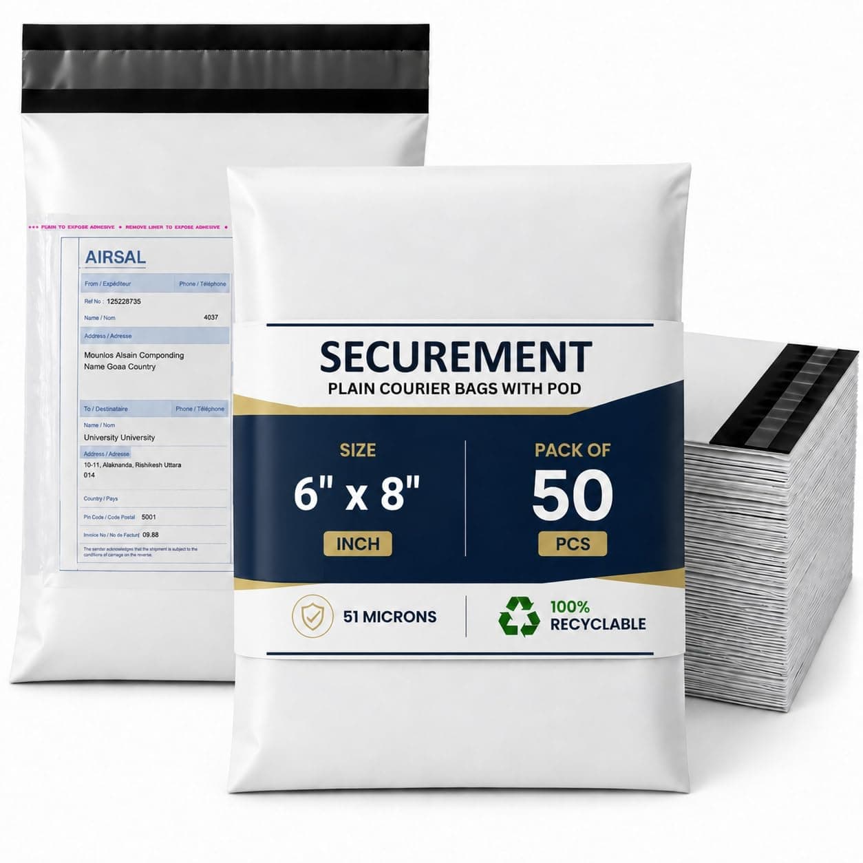 Securement Tamper Proof Plastic Courier Bag/Polybag with Pod for Packing - 50 Microns Ecommerce Packaging, Envelopes, Pouches & Covers - Tear-resistant Stretchable Secure Shipping, 6 x 8 Inch, White and Black, Pack of 50
