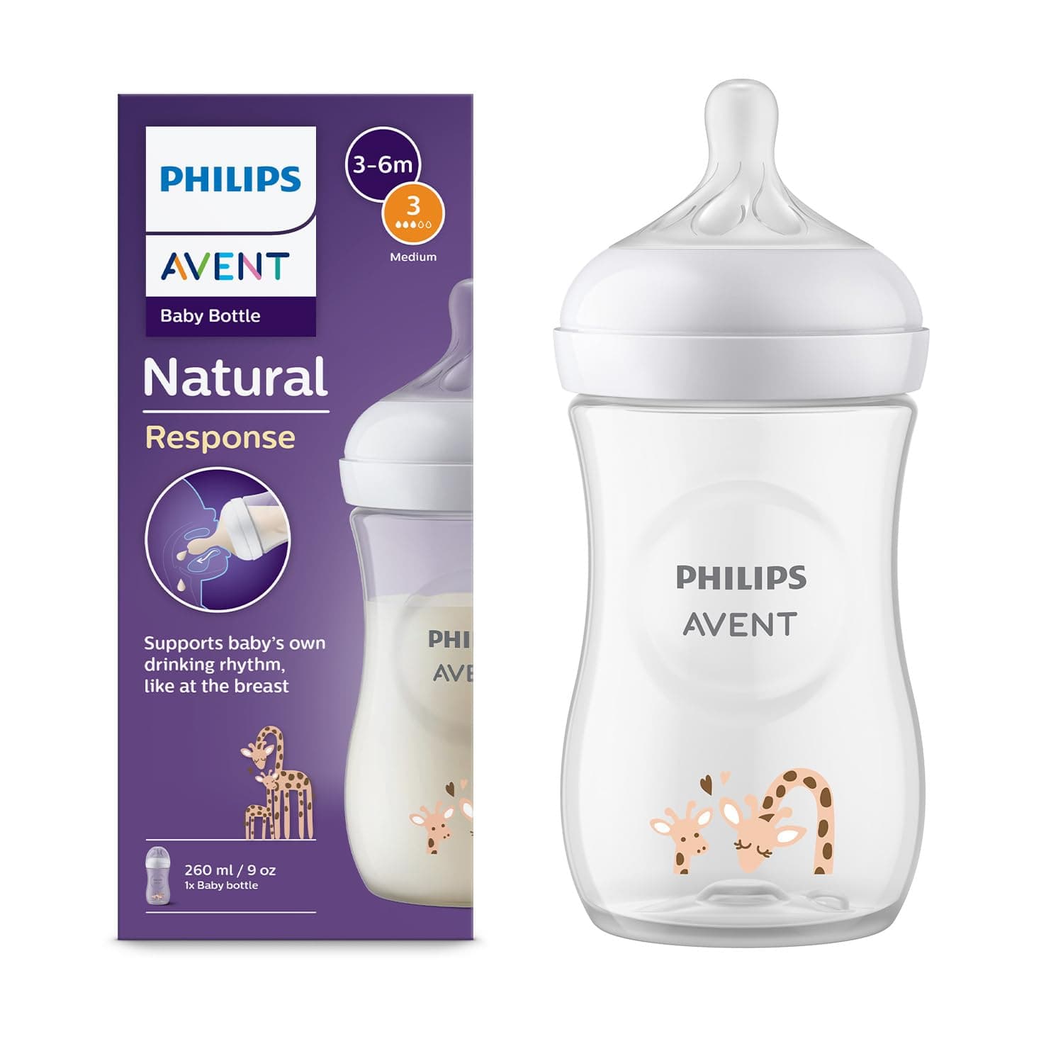 Philips Avent Natural Baby Plastic Feeding Bottle | No.1 Brand Recommended by Moms Worldwide | Ideal for 1 months+| Natural Response Technology Mimics Breastfeeding | Uniquely Designed Nipple releases milk only when baby drinks | Pack of 1 | SCY903/66