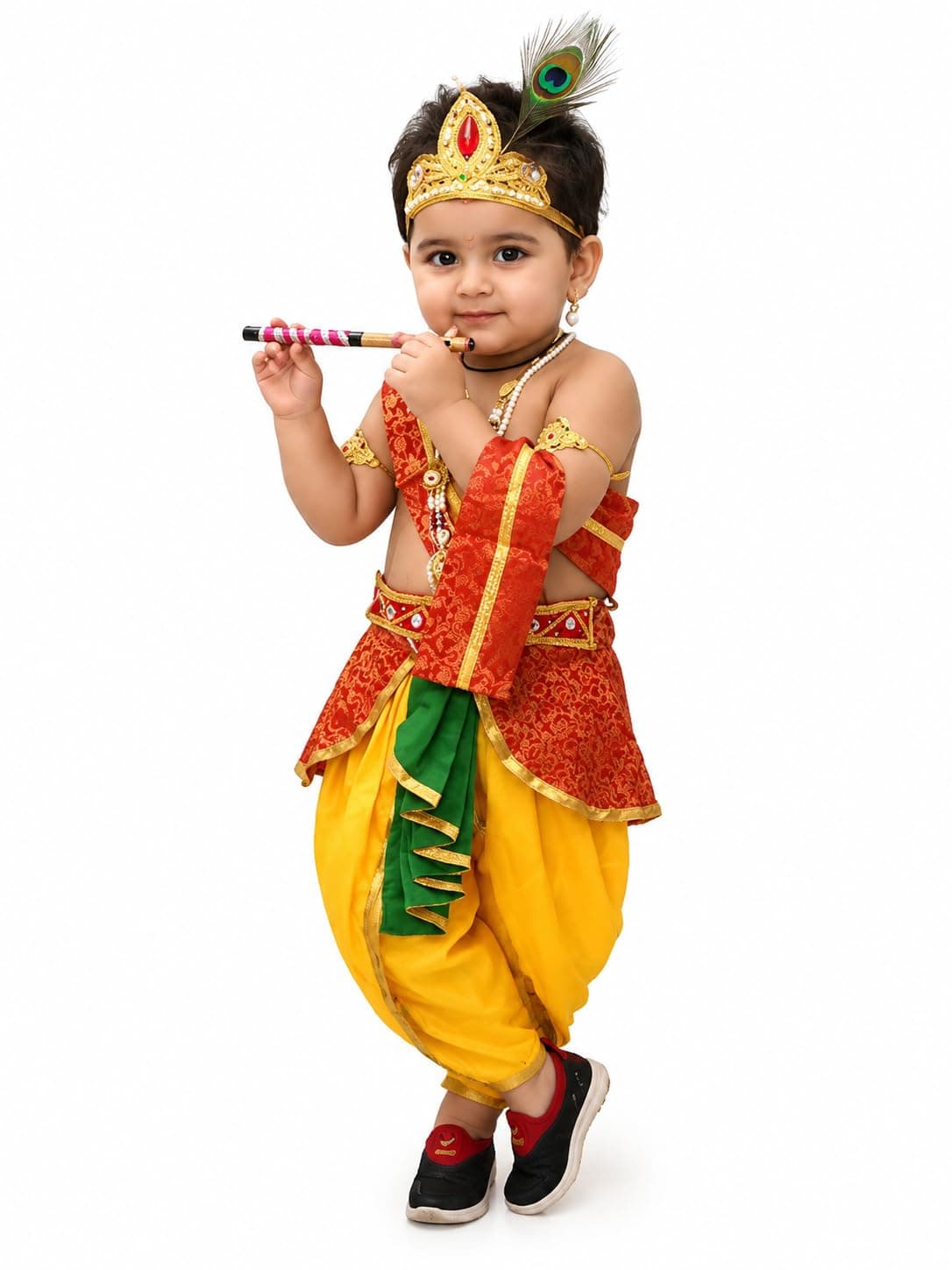 Kaku Fancy Dresses Silk Krishna Costume For Boy/Janmashtami/Bal Gopal Dress/Kanha Costume/Bal Krishna/Mythological Costume For Boy - Yellow-Red, 7-8 Years