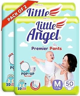 Little Angel Premier Pants Baby Diapers, Medium (M) Size, 100 Count, Cottony Soft Material, Breathable, Extra Dry Core, Stretchable Sides, 7-11 kgs (50 count/pack, Pack of 2)