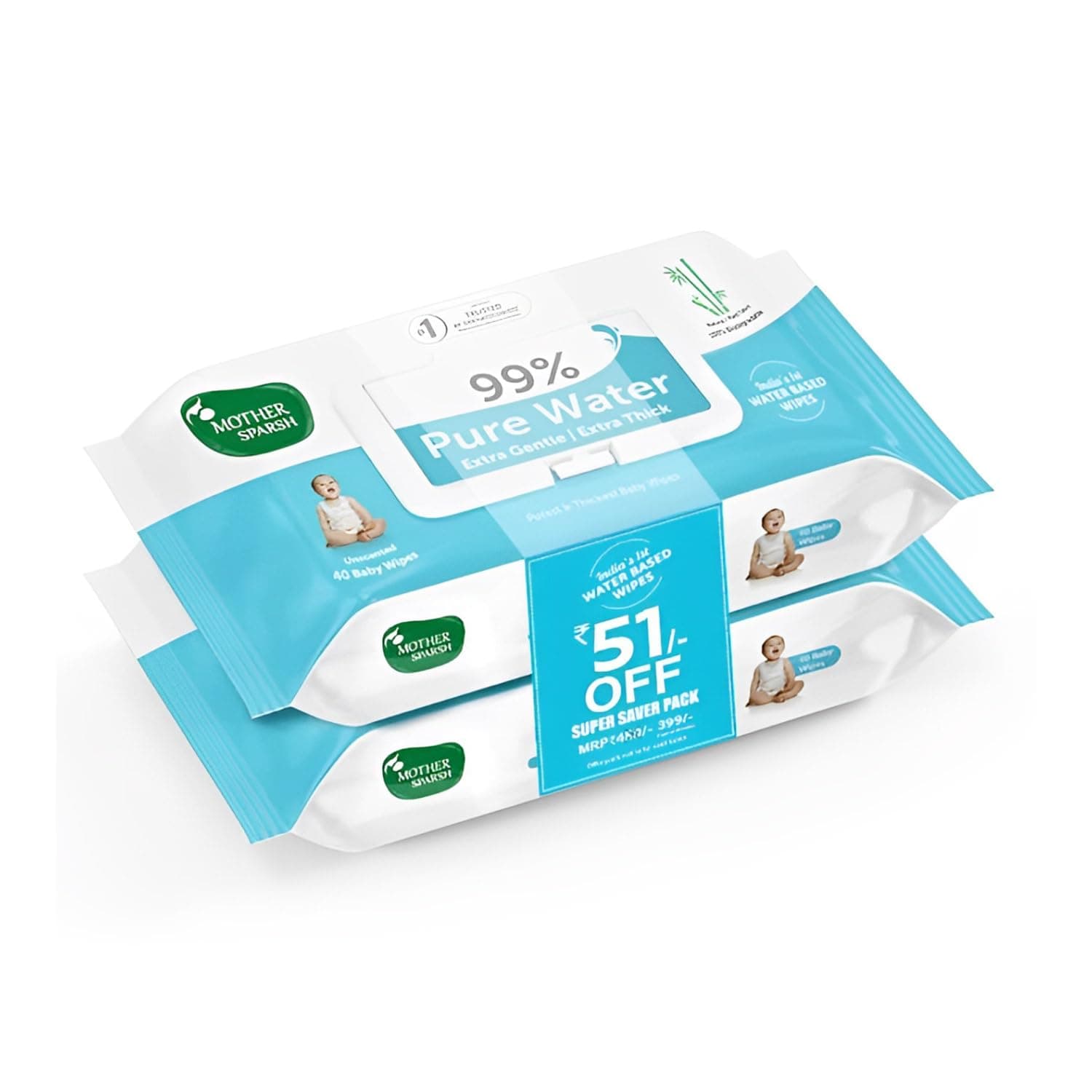 Mother Sparsh 99% Pure Water (Unscented) Baby Wipes with Lid | Wipes Made with Plant Based Fabric-Super thick Wet Wipe | 40 pcs/pack - Pack of 2