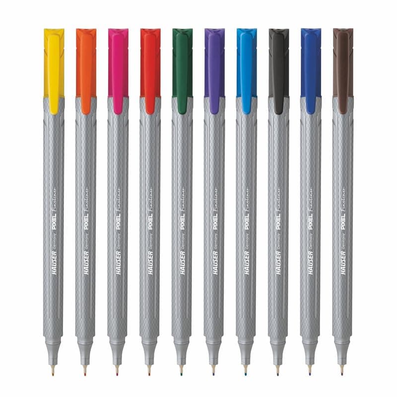 Hauser Germany Pixel Fineliner | Triangular Body For Better Grip | Hi-Quality Metal Tip | Available in 10 Vivid Ink Colours | Pack of 10
