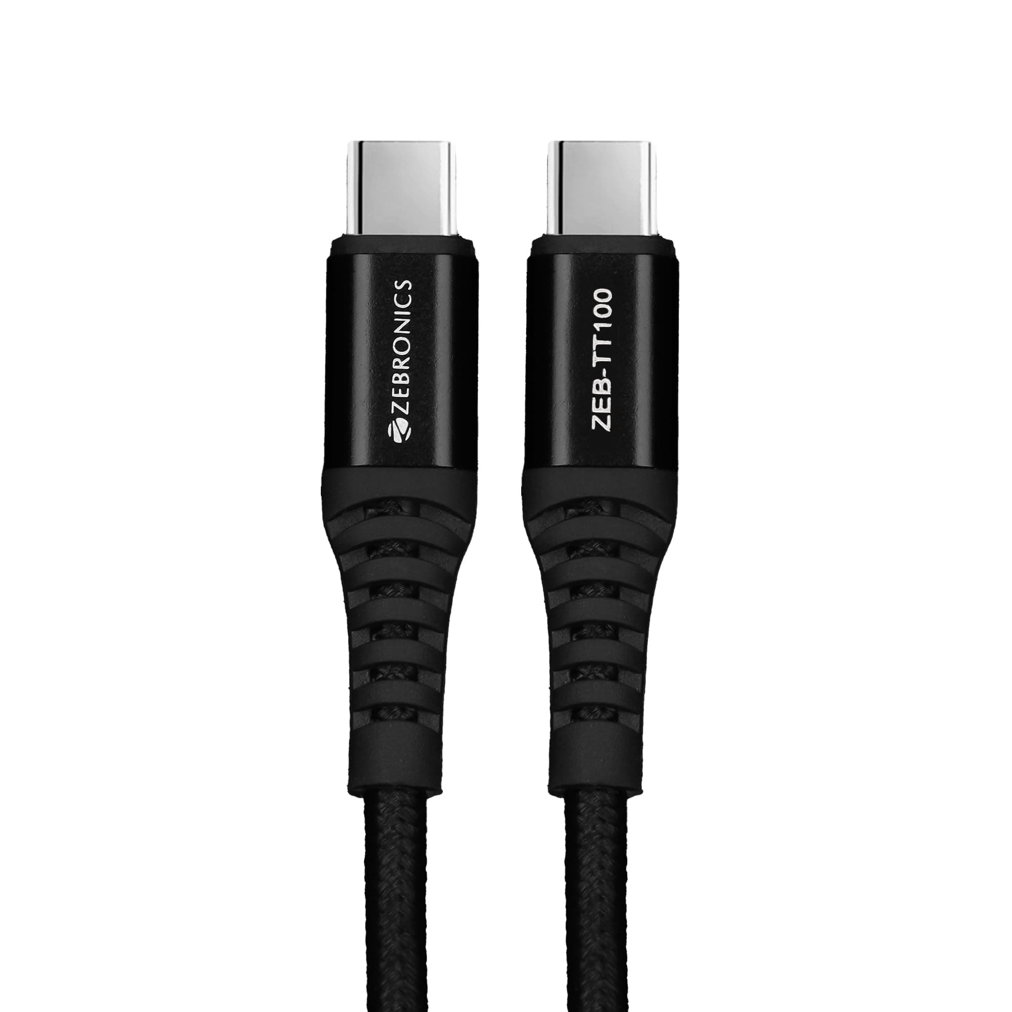 Zebronics TT100 Type-C to Type-C Cable, PD 100W Max, 5A Max, Rapid Charging, 480Mbps Data Transfer, 1.5m Braided Cable, Superior Durability, Compatible with Mobile, Tablet & Laptop