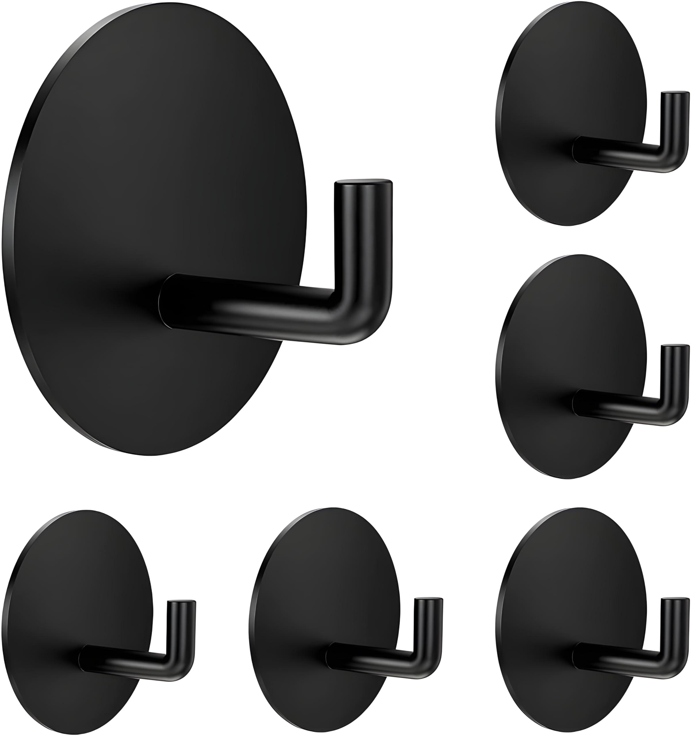 JIALTO 6 pcs Self-Adhesive Stainless Steel Hooks: Heavy-Duty Wall Hangings, Waterproof & Drill-Free - Strong Towel, Coat, and Kitchen Hooks for Bathroom and Kitchen (J Round Black)