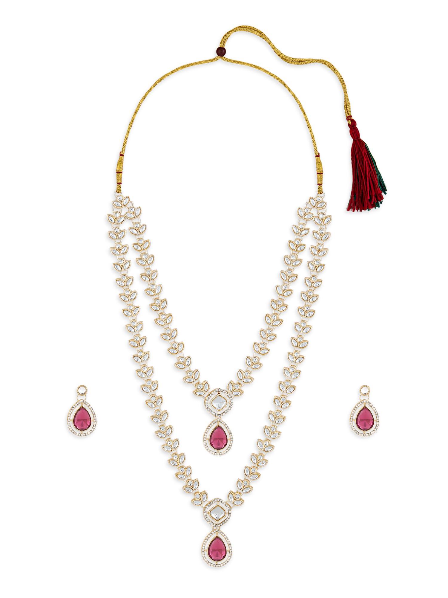 ZAVERI PEARLS Purple Dazzling Stones Austrian Diamonds Embellished Layered Necklace & Earring Set For Women-ZPFK18889