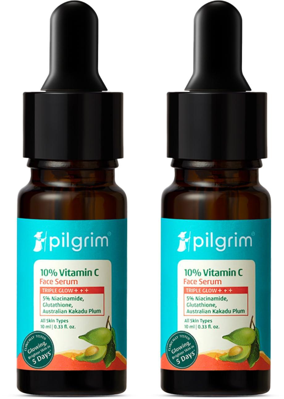 Pilgrim 10% Vitamin C Face Serum 10 ml (Pack of 2) for Glowing Skin with Niacinamide | Reduces Dark Spots & Evens Skin Tone | For Oily, Combination, Normal Skin Types | Skin Brightening Serum for Men & Women