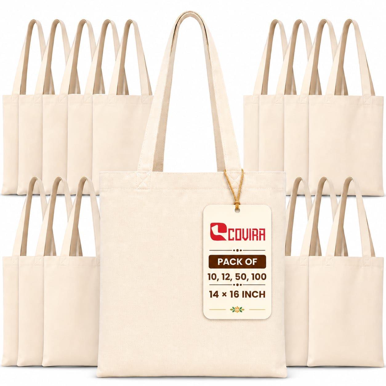 COVIRA 14x16 Inch Plain Cotton Tote Bag | 12 Pcs |100% Organic Reusable 200 GSM Cotton Handbag for Shopping, Daily Use, Grocery, Craft Diy Painting and Storage