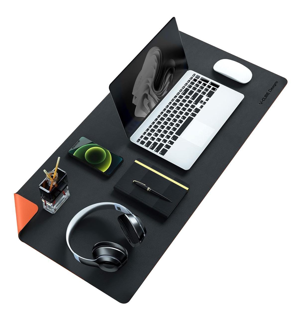 V-CUBE Designs Premium Vegan Leather Dual Color Desk Mat 75X40cm 1.8mm Thick| Laptop Mat/Extended Large Mouse Pad, Reversible Deskspread |High Tear/Peel Strength|Anti-Slip,Splash-Proof| Black&Orange