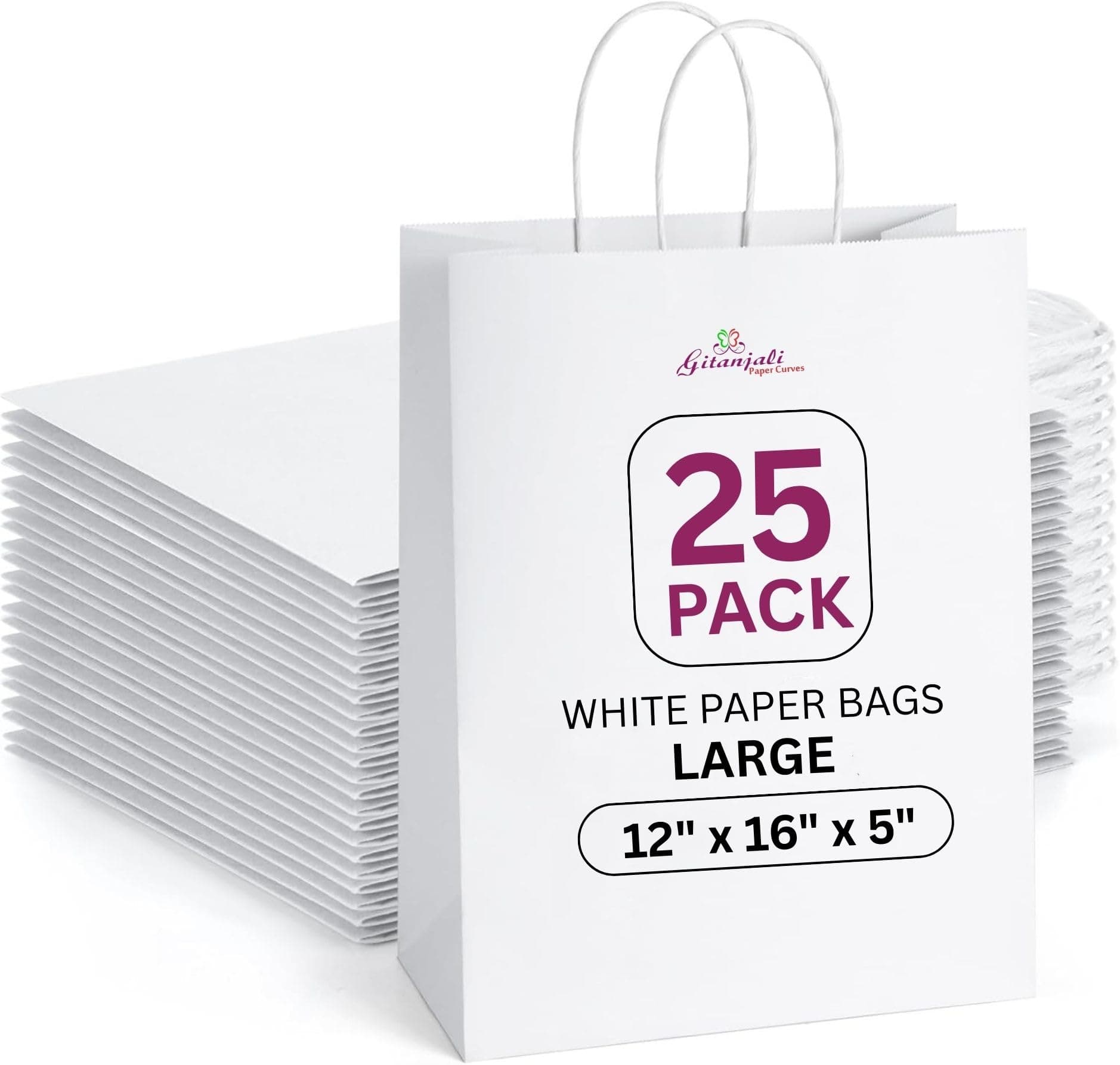 Gitanjali Paper Curves White Paper Bags -12x16x5 inch 25pcs Large Craft Paper Carry Bags with Handles Bulk, Gift Bags, Shopping, Retail, Merchandise bag Disposable Recyclable (Large-White, Pack of 25)