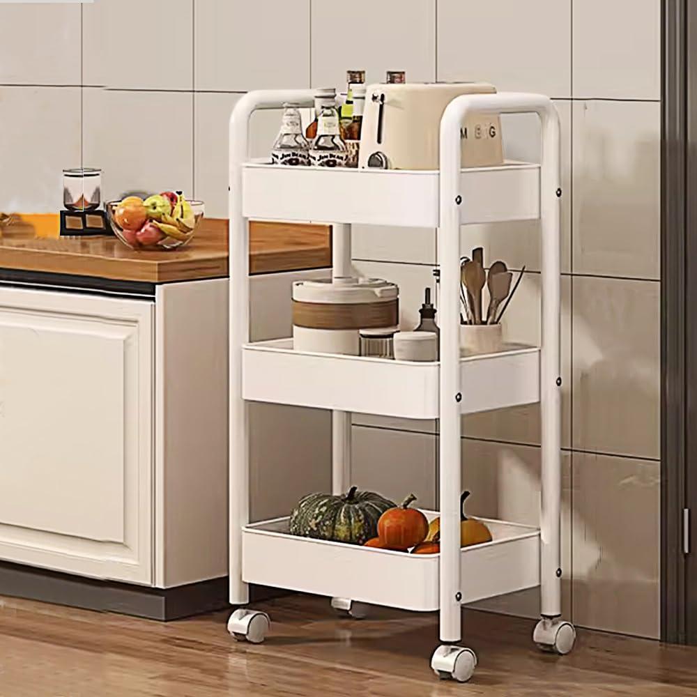 CoolLeaf Metal Vegetable Stand with Wheels, Hooks and 3-Layer Baskets - Onion Potato Rack for Kitchen Storage - 10 kg Loading Per Layer - White