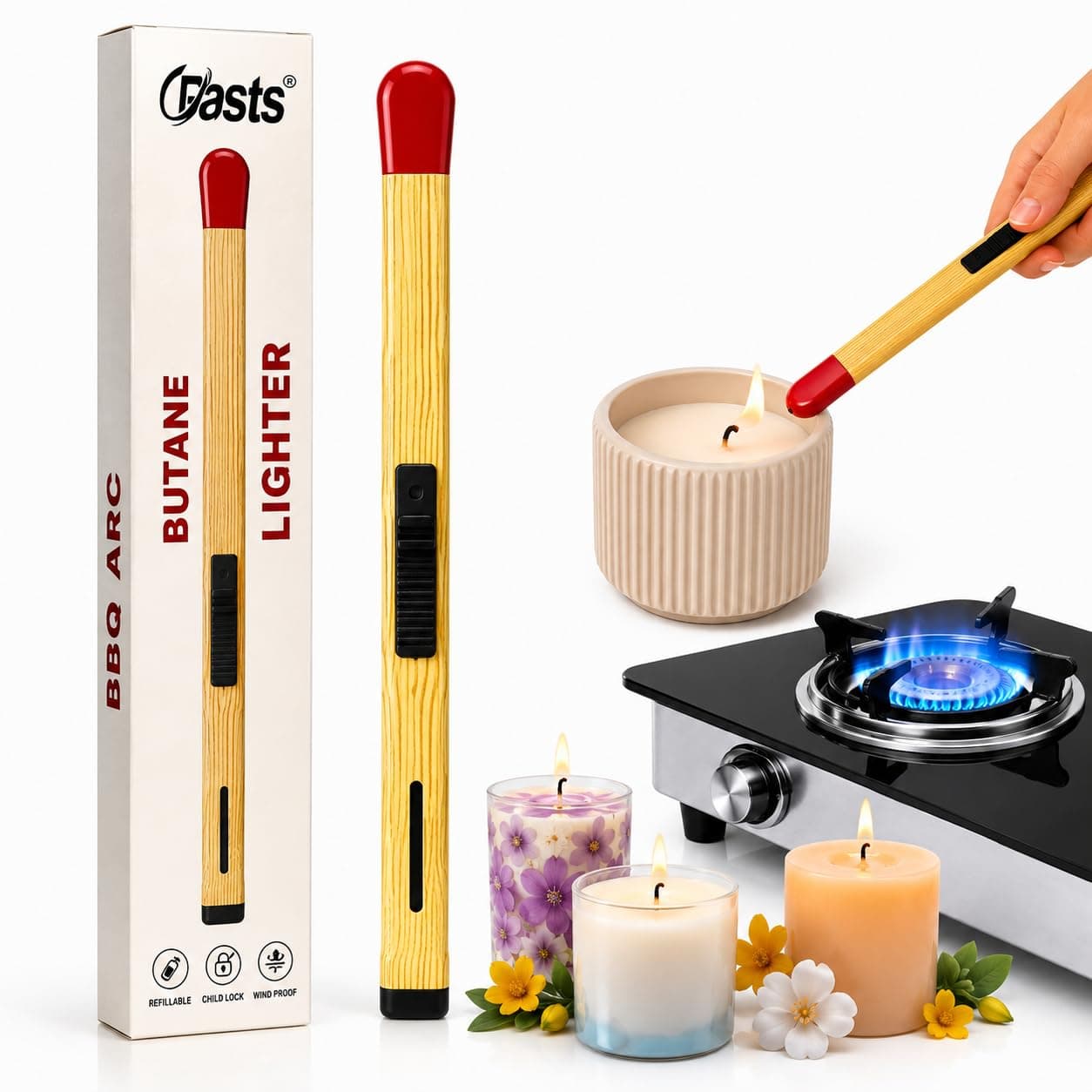 Crasts Match Stick Shaped Butane Lighter, Long Handle Refillable Gas Lighter with One Touch Trigger & Visible Fuel Level, Multipurpose Lighter for Gas Kitchen, Candle & Outdoor Use, Pack of 1