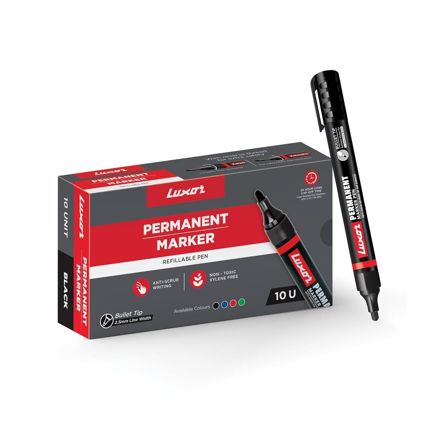 Luxor Refillable Permanent Marker Pen, Black Ink, Pack of 10 | Bold & Smudge-Resistant Writing | Works on Plastic Glass Metal & Cardboard | Long-Lasting Eco-Friendly Markers for Office School & Home