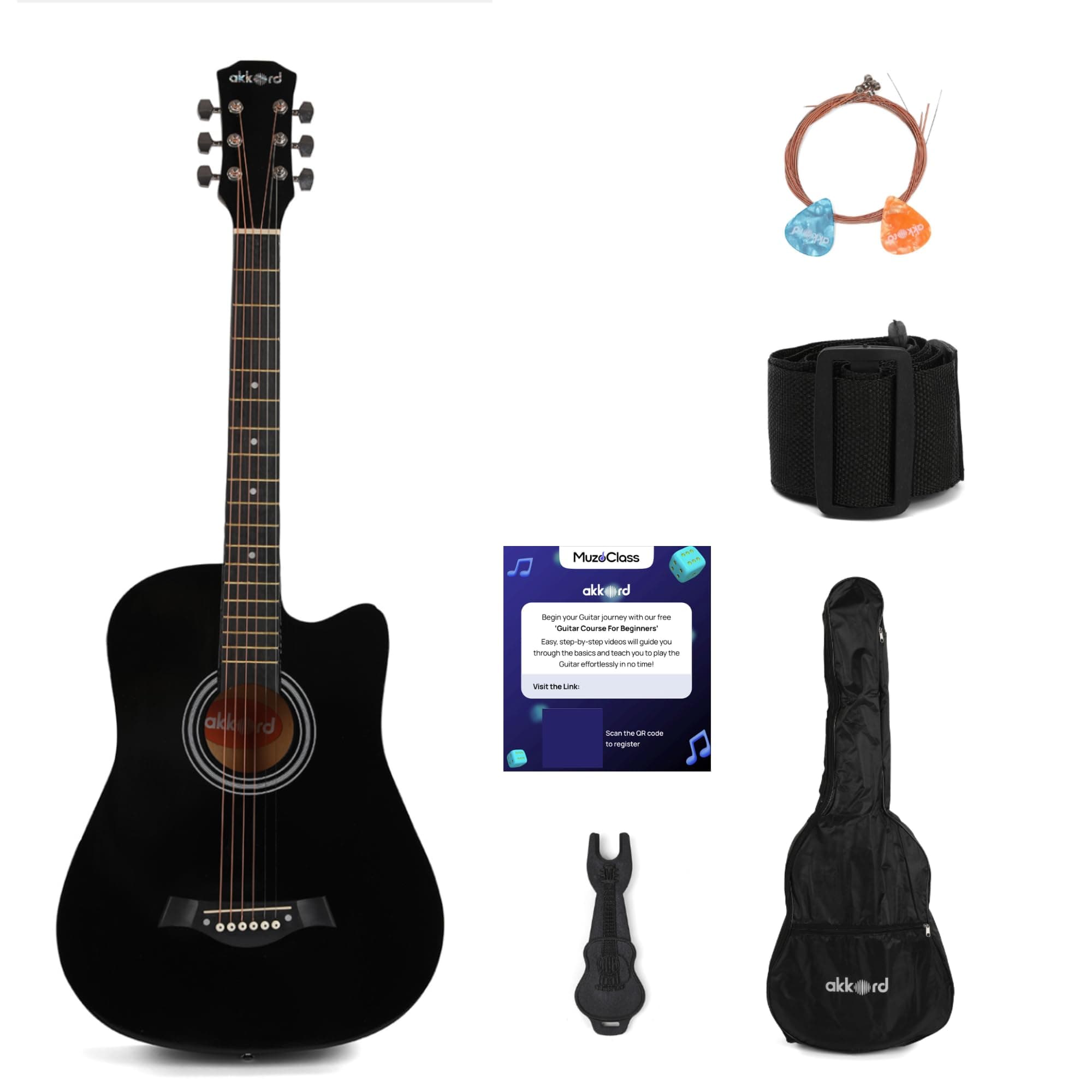 AKKORD Basswood 38 Inch Acoustic Cutaway Guitar Kit With Gigbag, Strings, Picks, Strap And Key - Glossy Black | Complete Guitar Kit For Beginners With Free Course