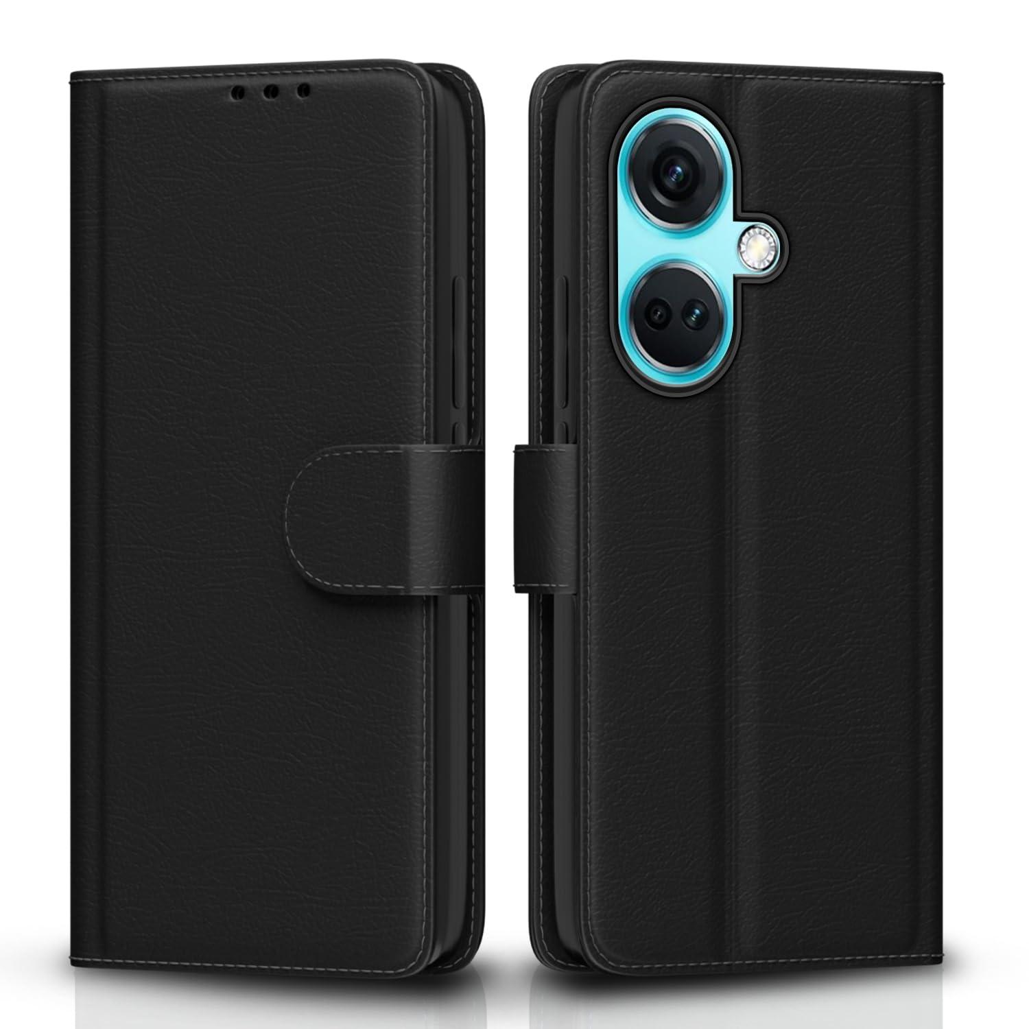 Pikkme OnePlus Nord Ce 3 5G Flip Cover Leather Finish | Inside TPU with Card Pockets | Wallet Stand and Shock Proof | Complete Protection Flip Case (Black)