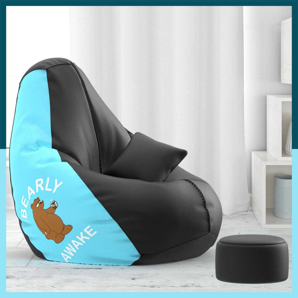 Biggie Bean Bag with Beans Filled 5XL Bean Bag with Free Cushion and Footrest - Official : PrintMarvel Combo (Matching Color : Printed, Bearly Awake - Lt. Blue & Black)