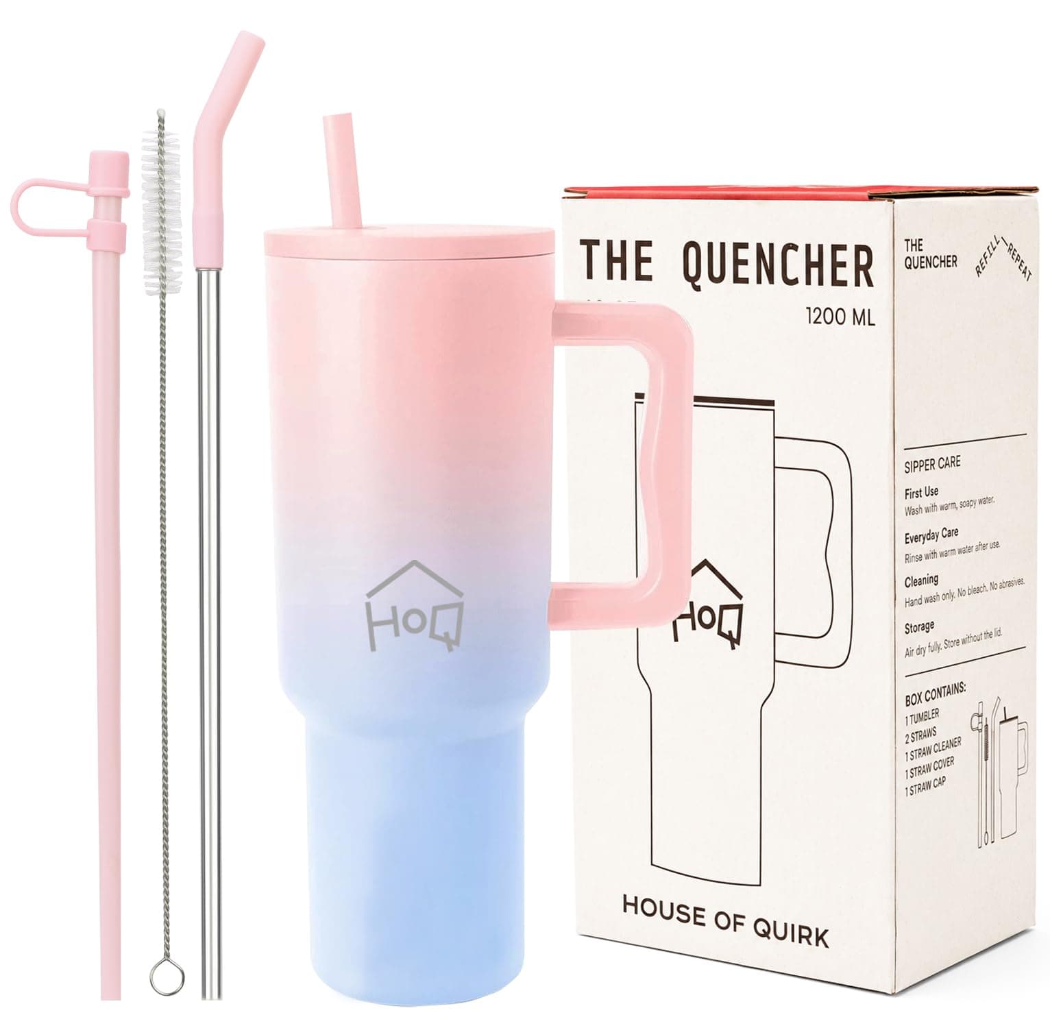 House of Quirk 1200ML Stainless Steel Tumbler with Handle & Lid, 2 Straws – Large Travel Mug Water Cup for Gym, Office & Outdoor Use (Cotton Candy Haze)