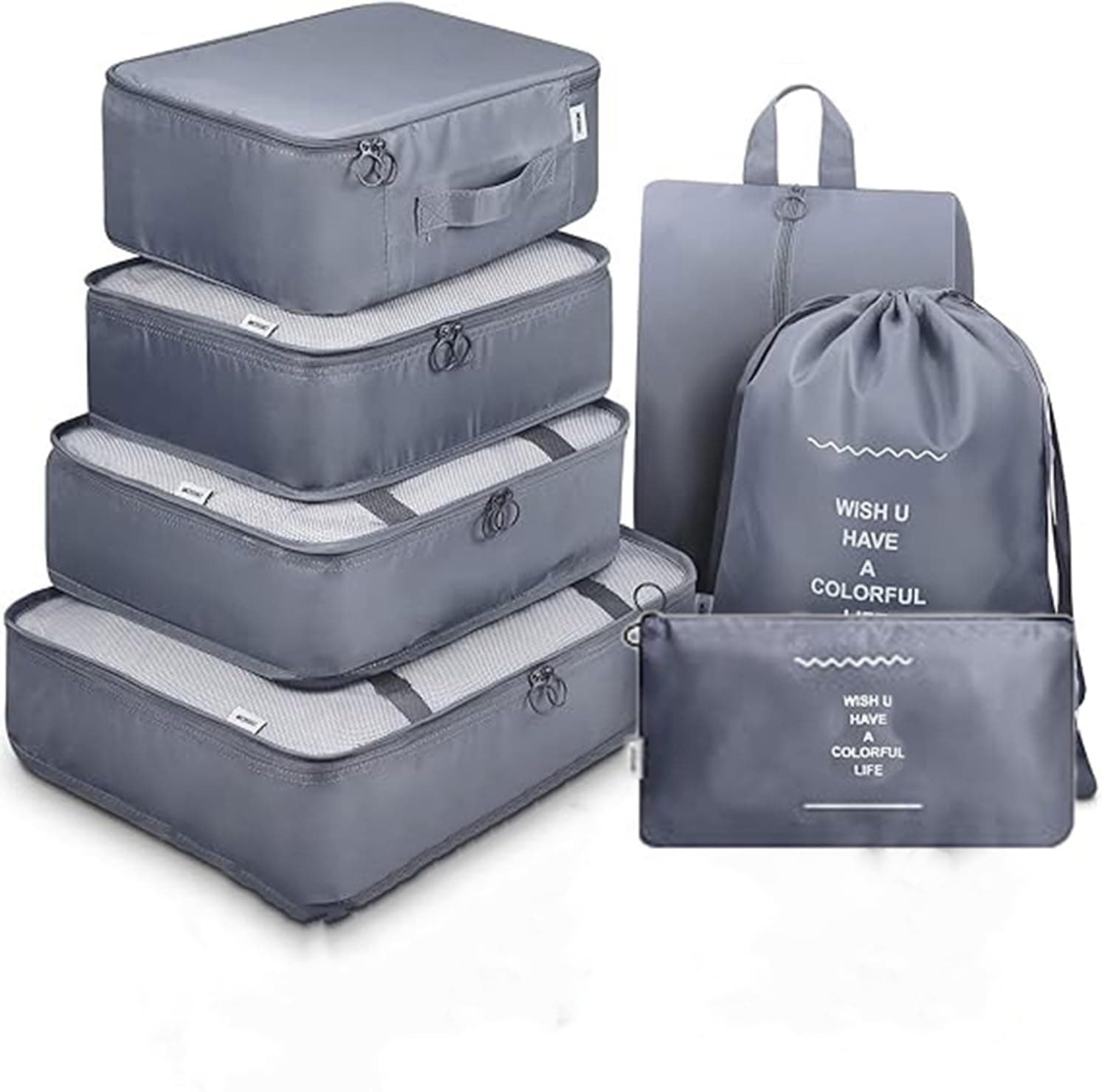 Avenux 7pcs Set Travel Organizer Packing Cubes Lightweight Travel Luggage Organizers with Laundry Bag or Toiletry Bag Laundry Organiser (Grey, 7 PCS)