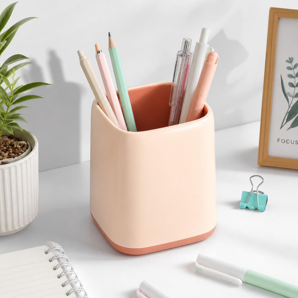 AccuPrints motivational Pen Stand holder Size: 4 x 2.75 inch | Desk Organizer Pen Pencil Holder for Office and Home Decor (Pink Square)