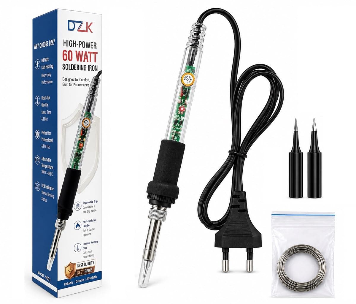 DZK 60W Adjustable Temperature Soldering Iron Kit | 220V Electric Soldering Iron with 2 Extra Tips & Solder Wire | 200°C-480°C Fast Heating Ceramic Core | DIY, PCB, Mobile & Electronics Repair Tool