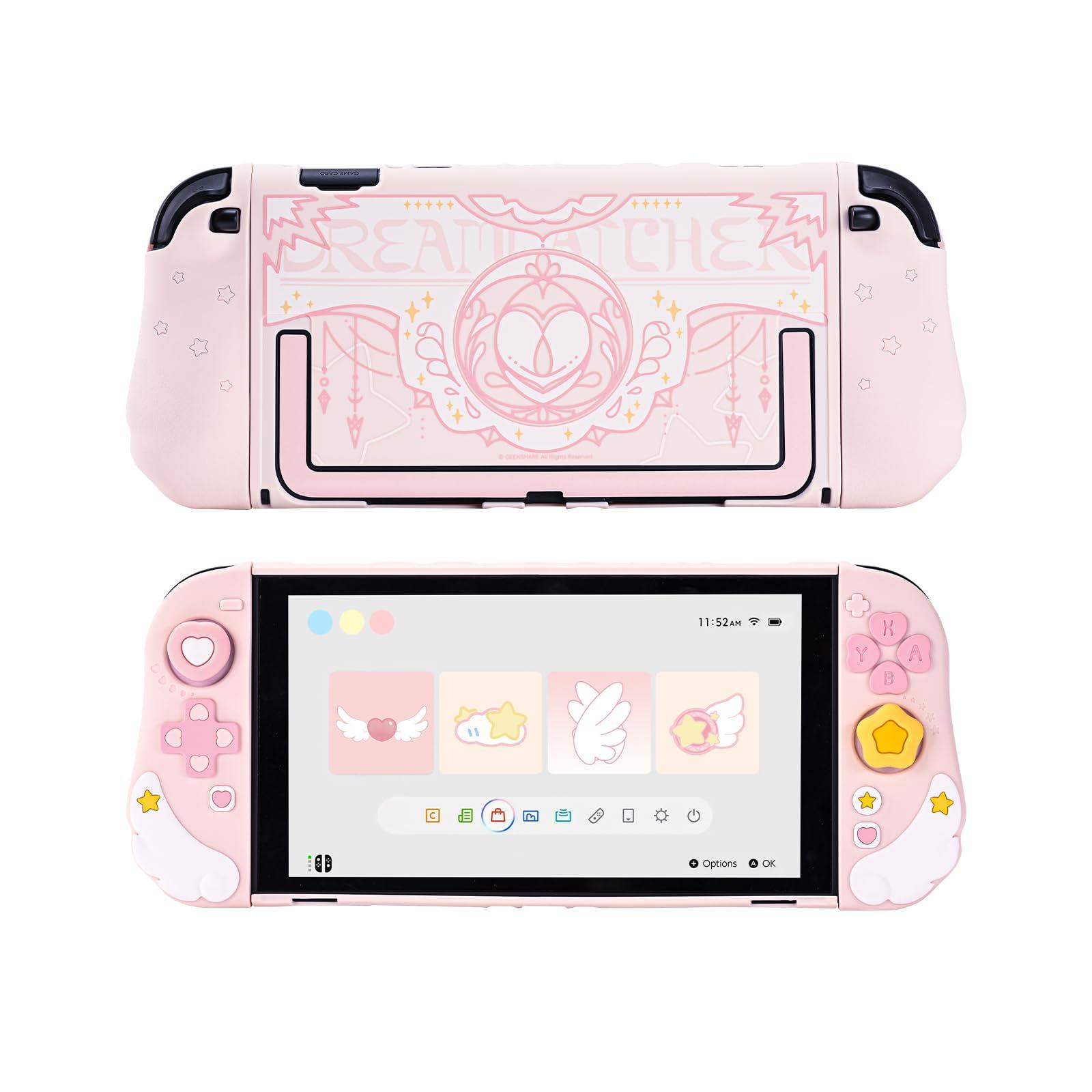 GeekShare Protective Case Set Compatible with Switch 2, PC Back Plate with Silicone Joysticks Covers, Switch 2025 Waterproof Cover Skin with 2 Thumb Grips - Star Wing Series Pink