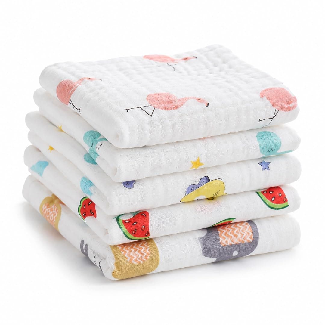MOM CARE Muslin Cloth for New Born Baby, 6 Layer Reusable Cotton Washcloth Napkins, Face Towels, Absorbent Feeding Wipes and Burp Cloths for Baby, 30 x 30 cm, Pack of 5