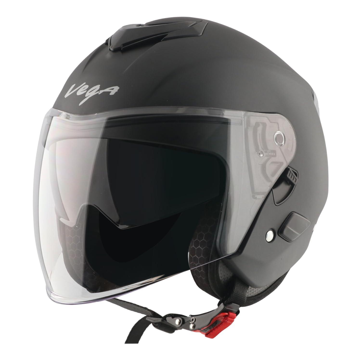 Vega VO 04 Punch Dual Visor Open Face Motorcycle Helmet with Matte Shell, Shock-Absorbing Liner, Comfortable Interior, Aerodynamic Design, Ventilated Fit, and Trendy Dull Black Finish Dull Black L