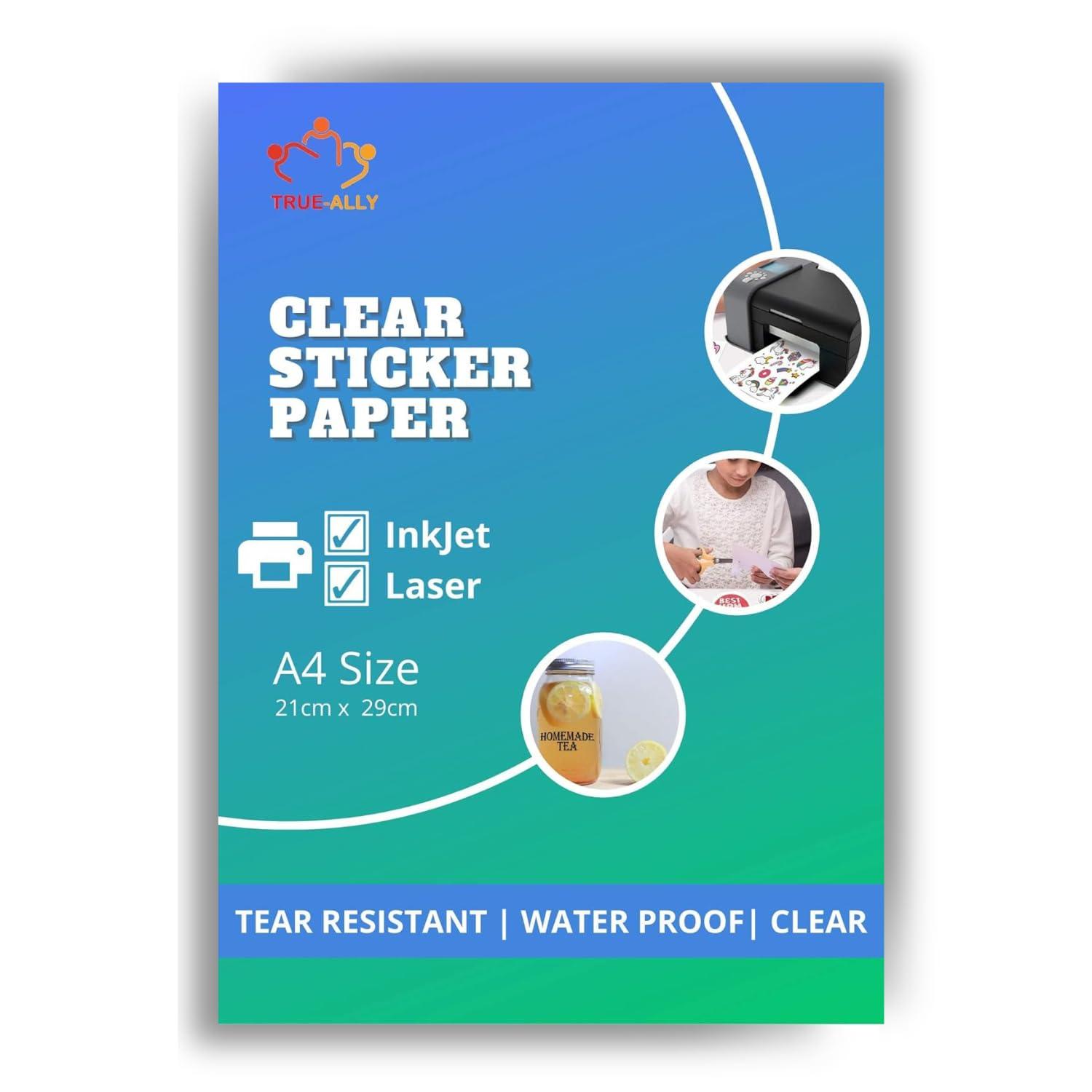 True-Ally Clear Self Adhesive Sticker Photo Paper for Inkjet and Laser Printer (Transparent) Waterproof, Dries Quickly, Tear Resistant DIY Sticker printing Label Art (A4-100 Sheets)