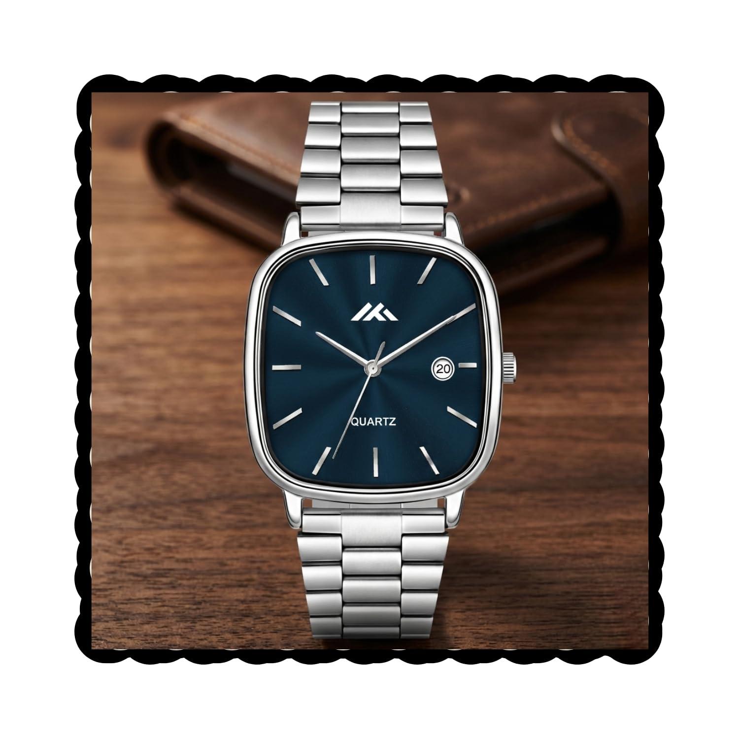 ON TIME OCTUS Unisex Analog Watch | Silver Stainless Steel Strap, Square Dial with Date Display | Quartz Movement Formal Casual Wrist Watch for Men & Women (Blue)