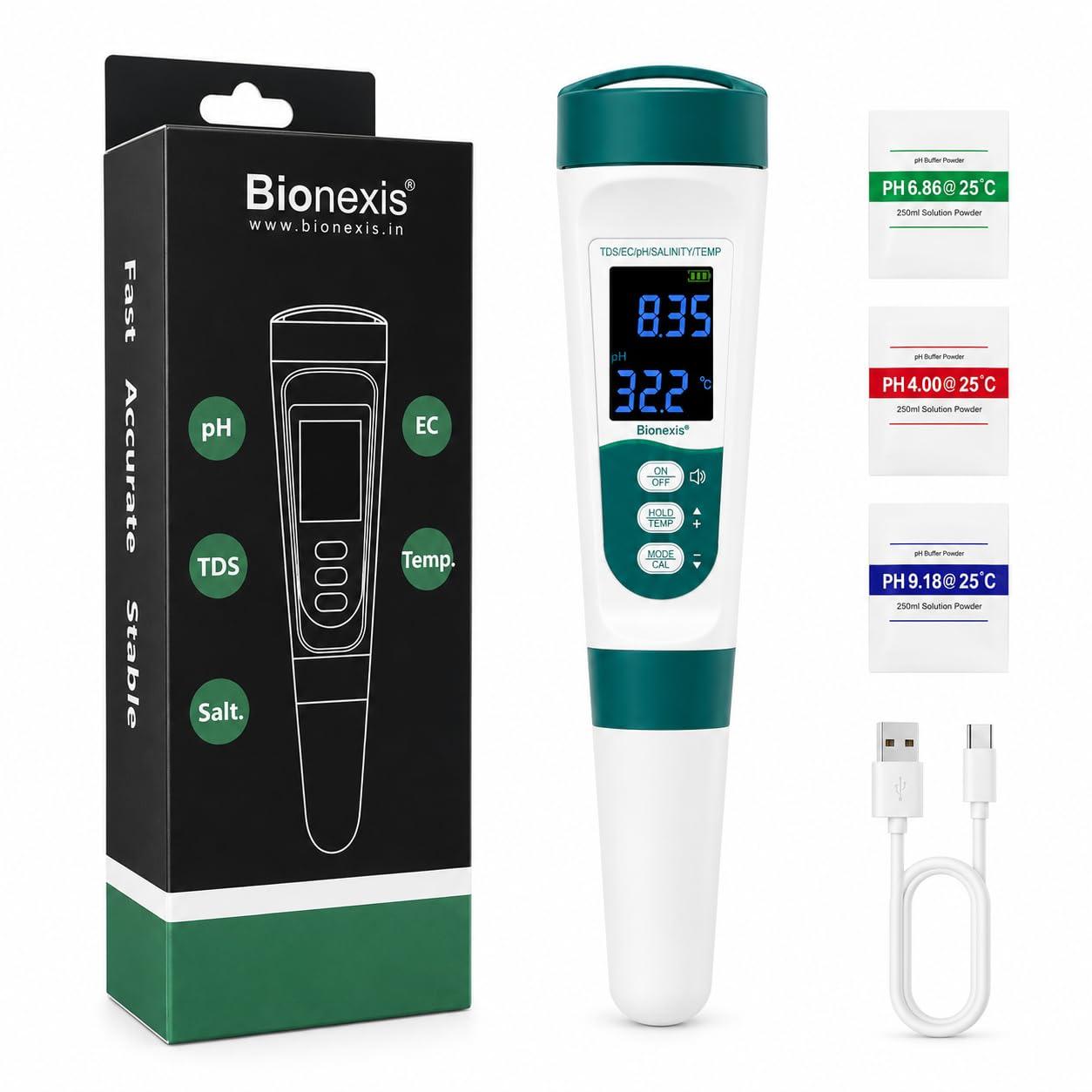 Bionexis® 5-in-1 Digital PH and TDS Meter with Voice Function | Accurate PH, TDS, EC, Salinity & Temperature | Waterproof & Rechargeable for Swimming Pools, Aquariums, Hydroponics and Drinking Water