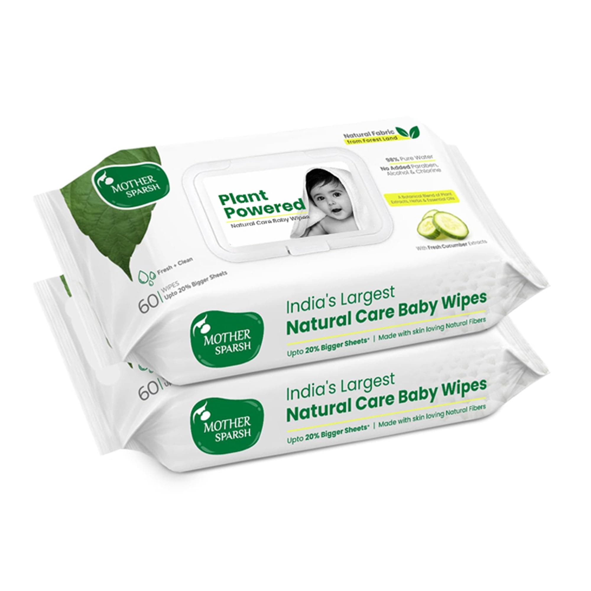 Mother Sparsh Natural Care Baby Wipes I 100% Plant Made Fabric From Forest Land | Fresh+Cleanse (with Cucumber) Plant Powered Wet Wipes For Baby I Cotton Cloth Like Bigger Sheets | 60 Pcs (Pack of 2)