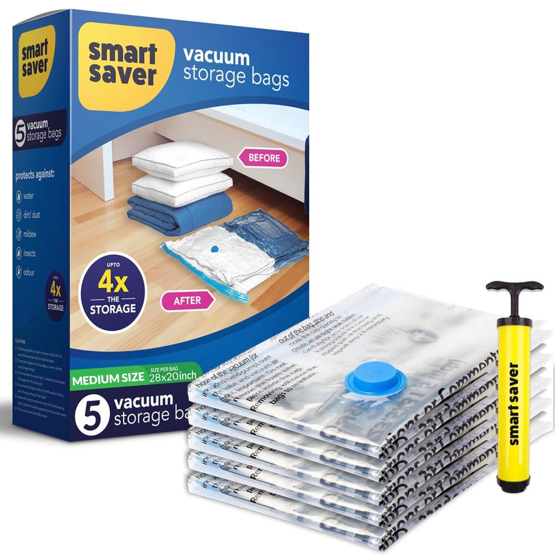 Smart Saver Vacuum Storage Bags - 5 pack Medium smart storage bags for bedding, clothes, winter clothes, Airtight and Reusable Space Saver storage bags with handpump for travel