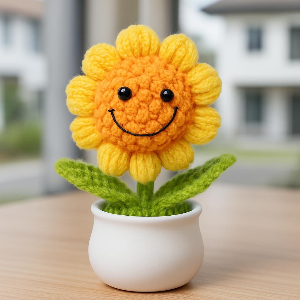 Vendola 13CM Height Handmade Crochet Smiling Flower Pot for Home & Office Decor, Cute Aesthetic Desk Showpiece, Positive Vibes Table Decor, Thoughtful Gift for Friends, Loved Ones (Sunny Smile Yellow)