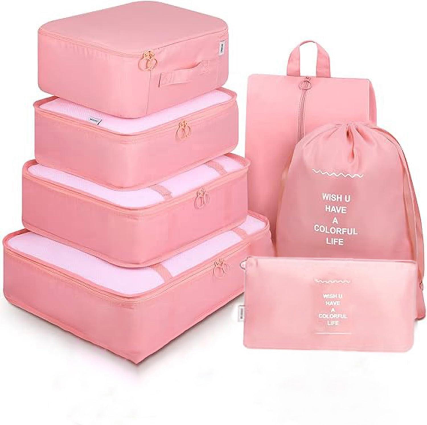 Avenux 7pcs Set Travel Organizer Packing Cubes Lightweight Travel Luggage Organizers with Laundry Bag or Toiletry Bag Laundry Organiser (Pink, 7 PCS)