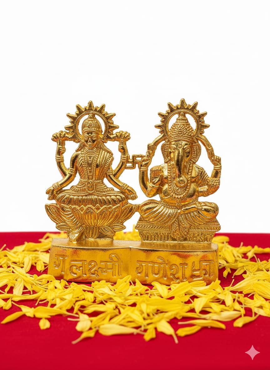 Small Golden Metallic Lakshmi Ganesh Idol Mini Laxmi Ganesh Murti for Home Temple, Office Desk & Diwali Gift