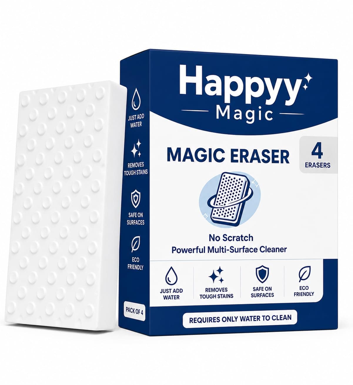 Magic Eraser Sponge Pack of 4 | Premium Melamine Cleaning Sponge | No Scratch Multi Surface Cleaner | Removes Tough Stains with Just Water | for Walls, Kitchen, Bathroom, Shoes & Switch Boards